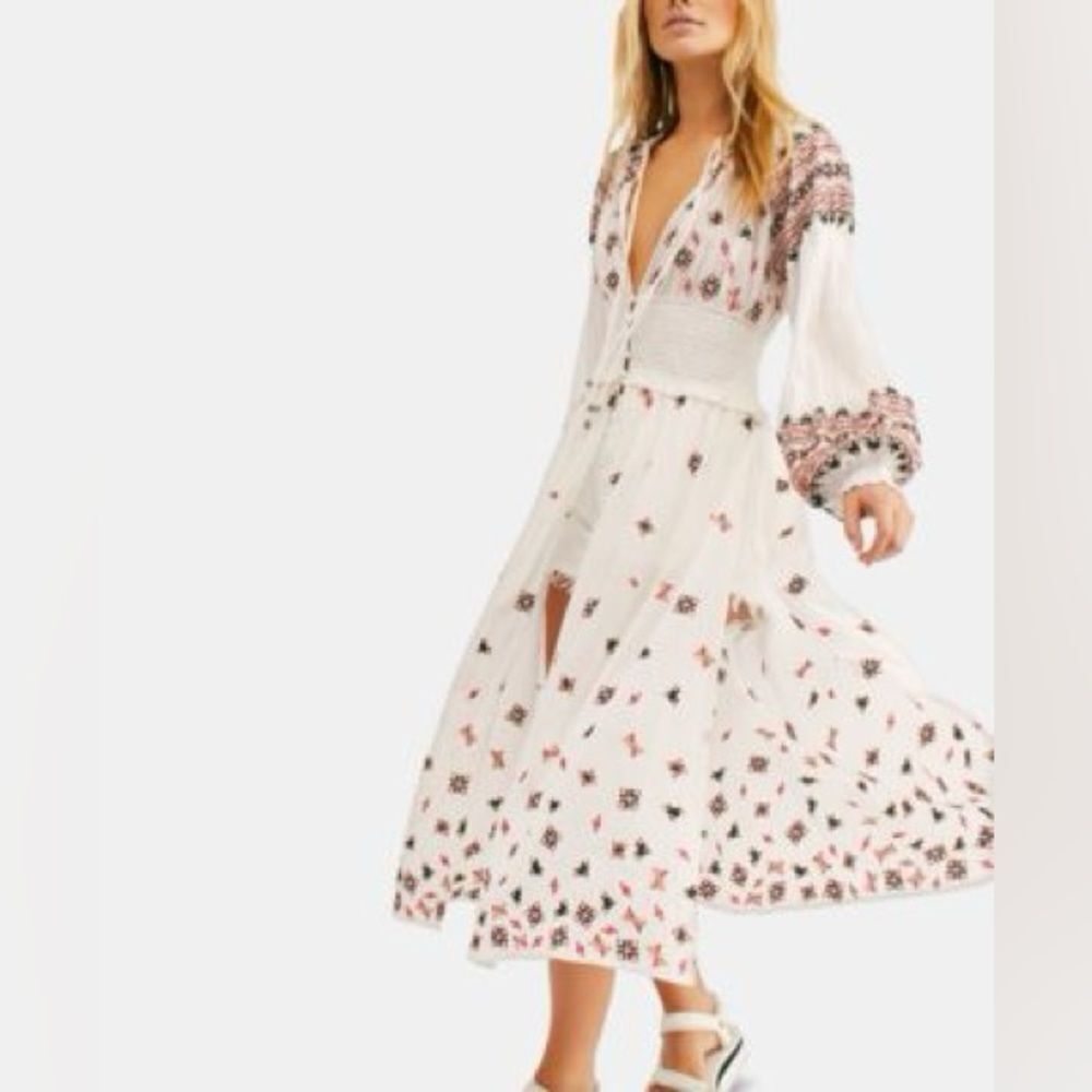 Free People Cream Duster Dress with Red and Black Embroidery